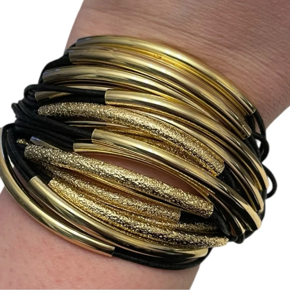 SAACHI Black & Gold Multi-Strand Bracelet - Black Cord with Gold Tube Beads